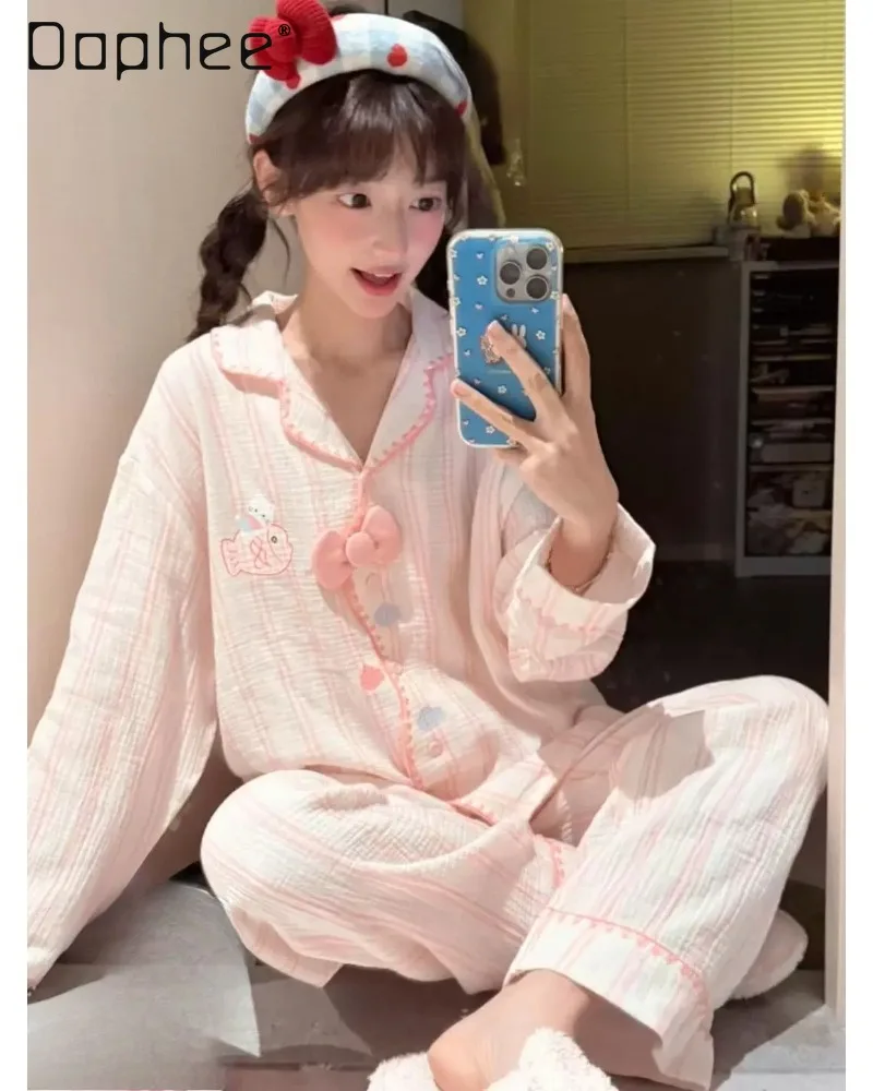 Japanese-style Sweet Cute Girl's Pajamas Three-dimensional Bow Collar Long Sleeves Long Pants Loose Comfortable Homewear Women