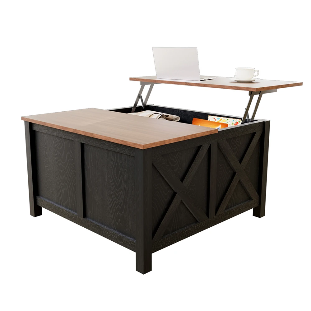 Tavolino da caffè quadrato in legno con piano sollevabile, ampio scomparto portaoggetti invisibile, ripiano regolabile, nero marrone, per soggiorno, ufficio