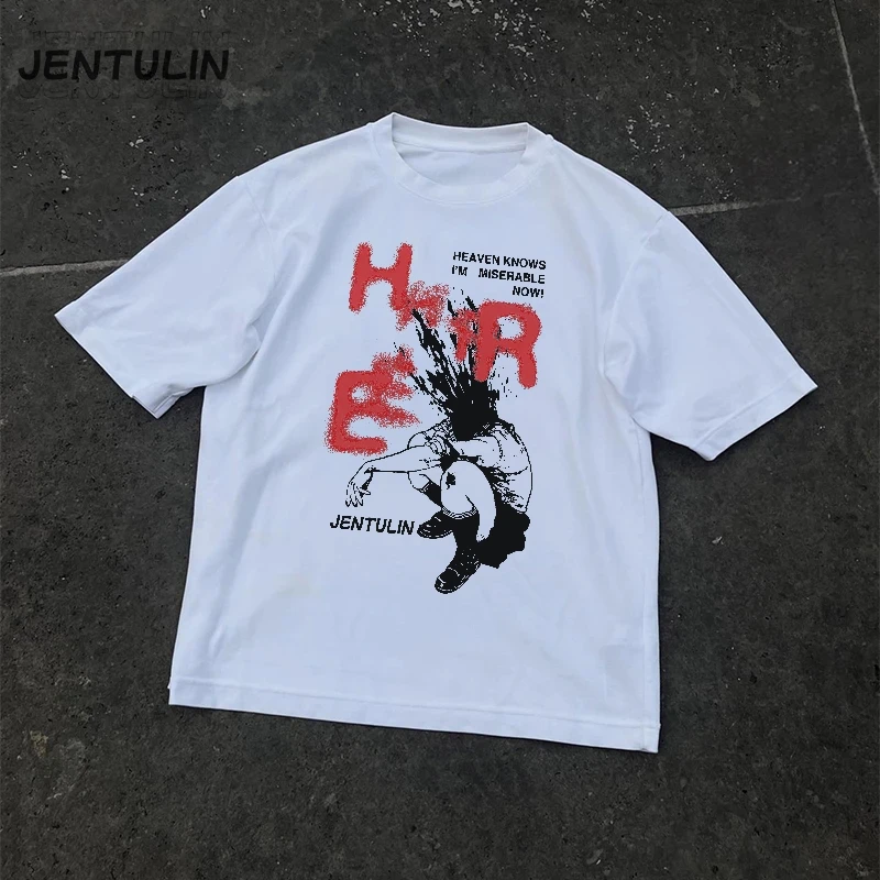 Harajuku Oversized Men Tshirt Cotton Short Sleeve Shadow Print Y2k Tops Tee Streetwear Hip Hop Graphic Korean Aesthetic Clothing