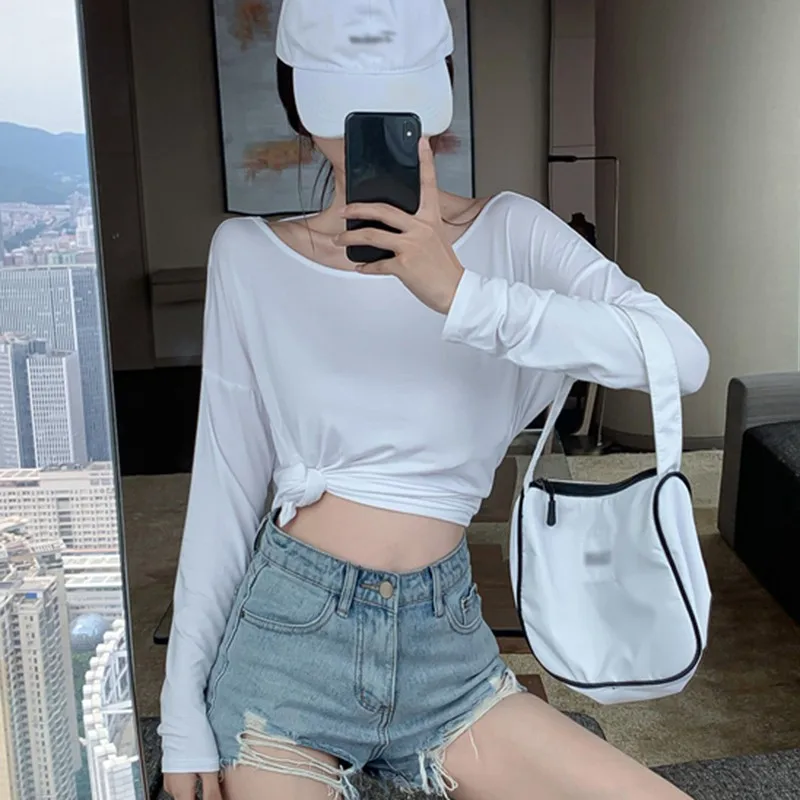 2024 Summer Fashion Sexy Korean Round Neck Sexy Open Back Loose Casual Versatile Long sleeved T-shirt