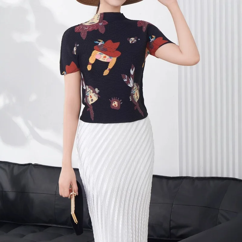 Miyake Pleated 2026 Summer New Original Fashion Little Witch Pleated Print Short Sleeve Top Slim Fit Versatile Commuter T-Shirt