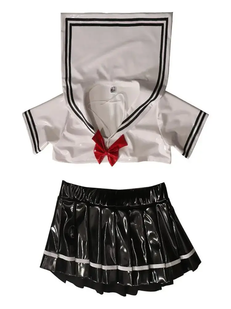 

Sailor Collar Wet Look PVC Outfit Shiny PU Leather Cosplay School Uniform Short Sleeve Bustier Crop Tops Pleated A-line Skirts