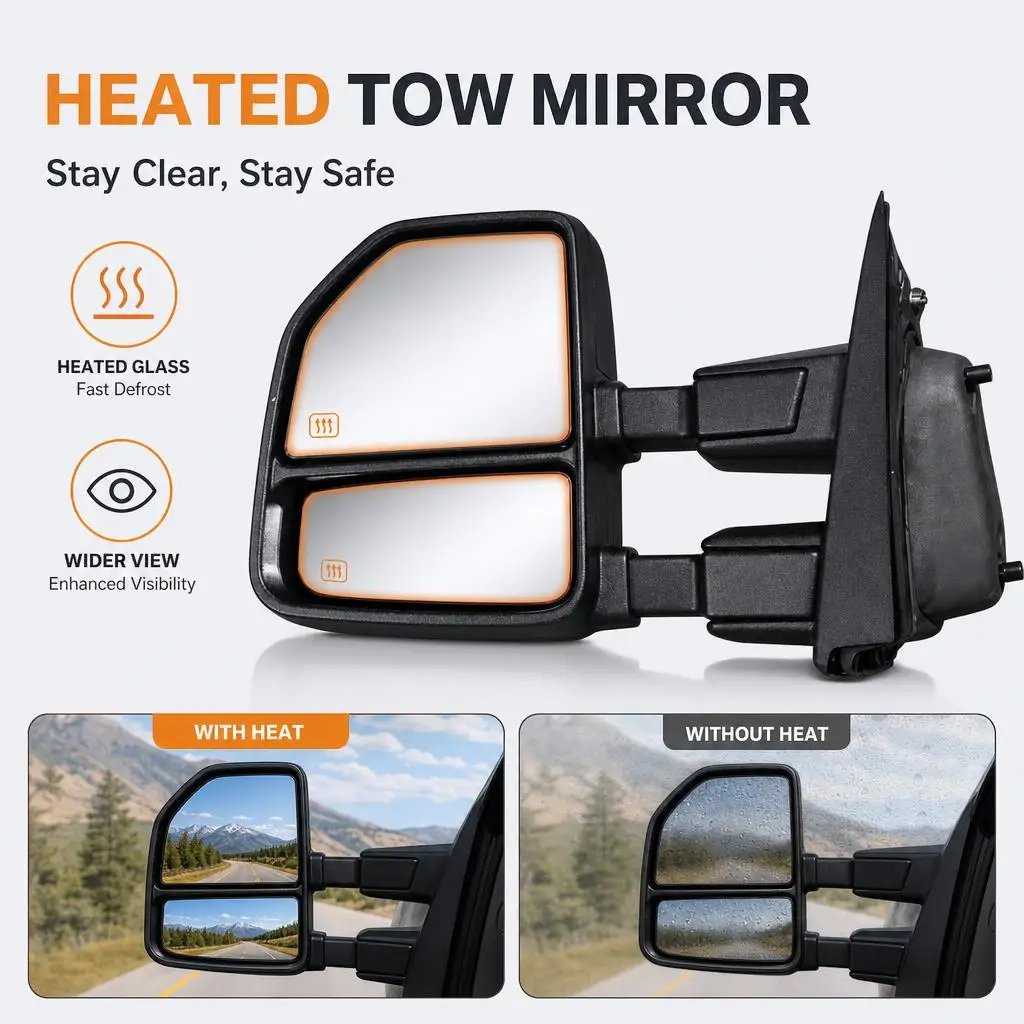 For Ford F250 Super Duty 2017 2022 Heated Left Tow Mirror With Chrome Cap Textured Black Driver Side