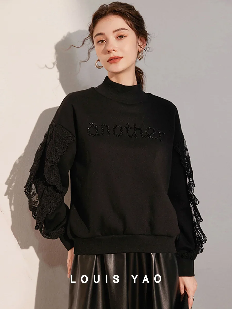 LOUIS YAO Women's Hoodie 2026 Winter Thick Velvet Micro Elastic High Collar 3D Embroidered Splicing Lace Long Sleeve Sweatshirts