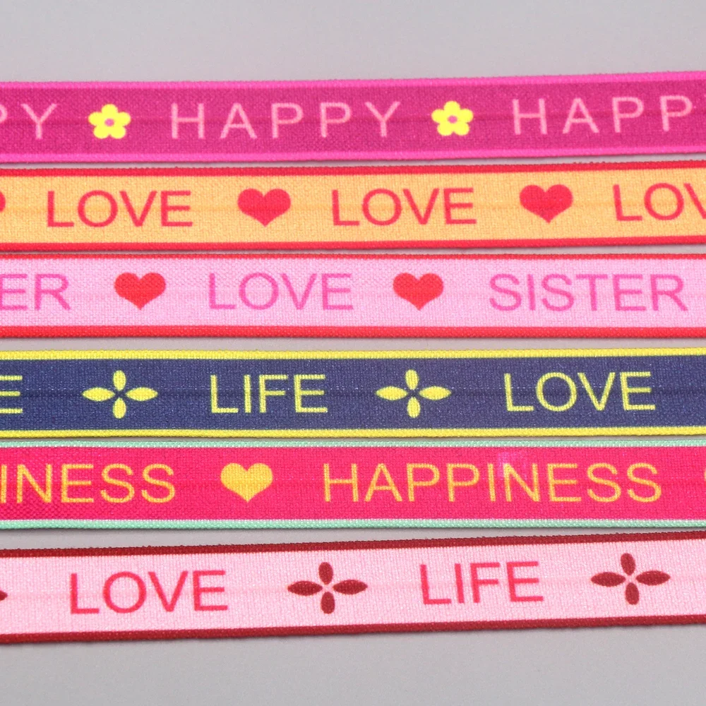 DHK 5/8'' 10yards Love Sister Life Happy Printed Fold Elastic FOE Stretch Ribbon Decorations Craft DIY Sewing B2256