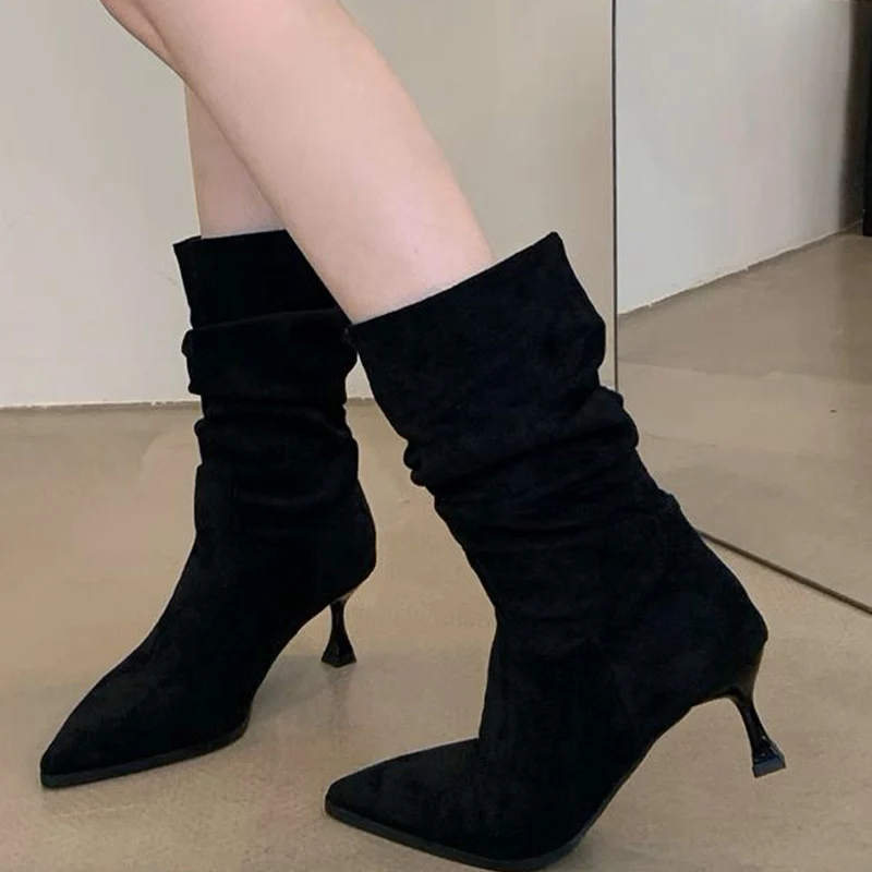 

Suede Mid Calf Women Snow Boots Sexy Pointed Toe Boats Mid Heels Pumps Designer Cwinter Chelsea Boots 2024 Trend Goth Zapatillas