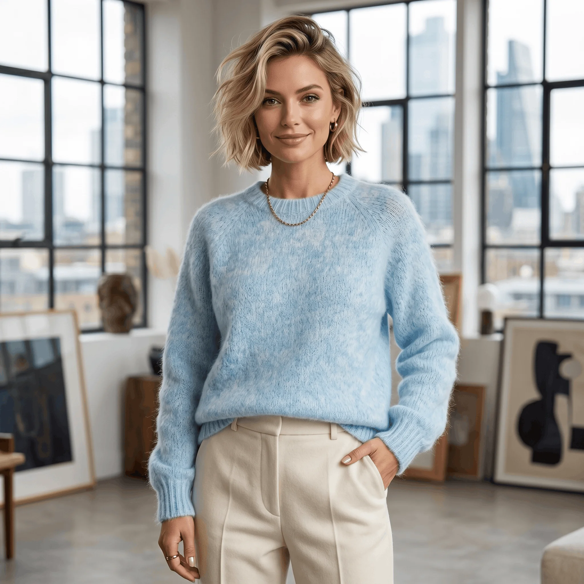 Light Blue Mohair Blend Pullover Sweater for Women - Soft Fuzzy Crew Neck Knit Top, Loose Fit Spring Autumn Warm Jumper, Elegant