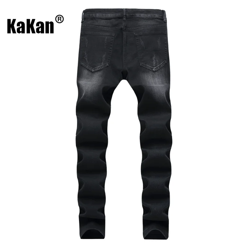 Kakan - European and American New Black Pleated Motorcycle Jeans for Men, Small Straight Fit Men's Worn Long Jeans K21-1209
