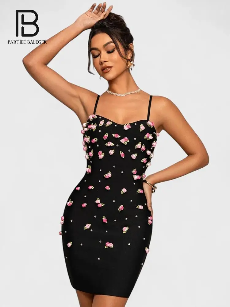 

PB Black Spaghetti Strap Bodycon Bandage Mini Dress with 3D Pink Floral & Rhinestone Embellishments - Party & Evening Gown