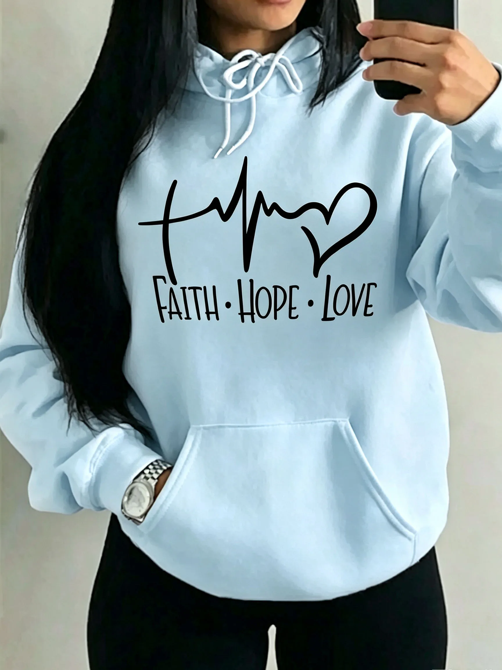 Women Faith Hope Love Heartbeat Graphic Warm Hoodie Casual Long Sleeve Pullover Hooded Sweatshirt Men Tops Couple Streetwear