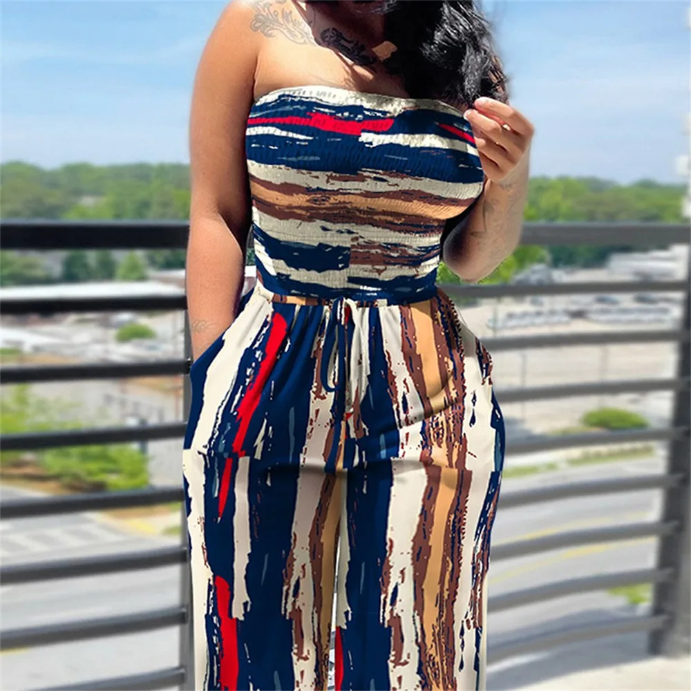 2026 Summer New Women's Print Drawstring Waist Jumpsuit Pants Leisure Lift Buttocks Slim Micro-Flare Jumpsuit Pants One Piece