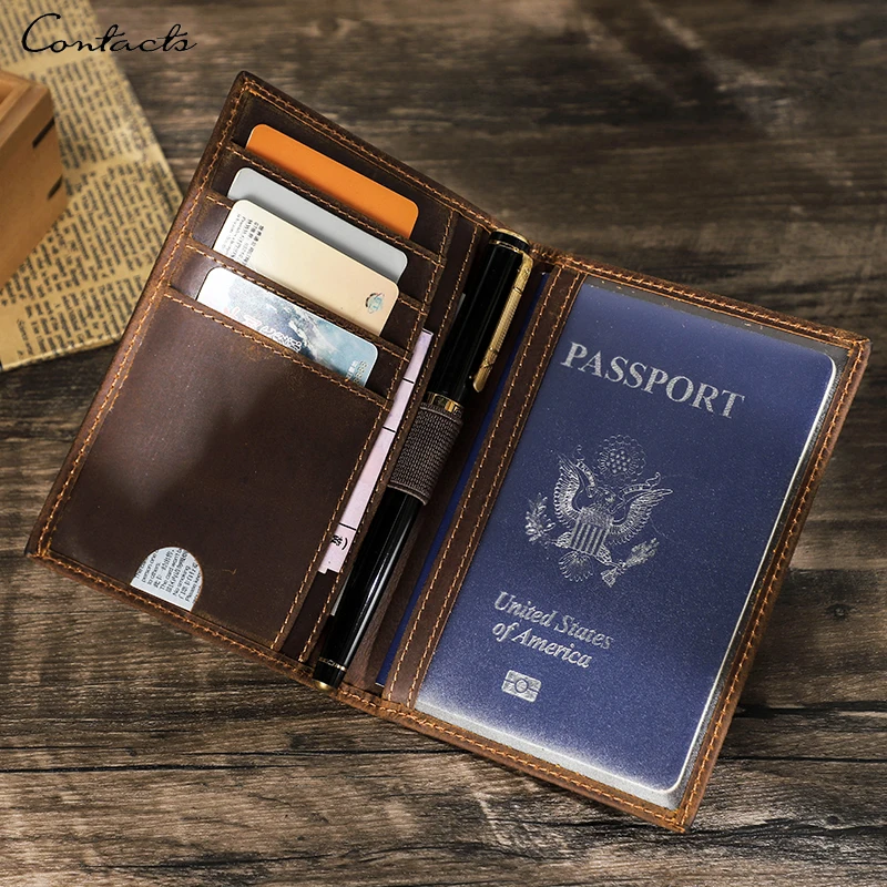 

CONTACT'S Genuine Leather Passport Wallet for Men Slim Passport Cover With Pen Slot Men Travel Wallet Card Holder Men's Wallets