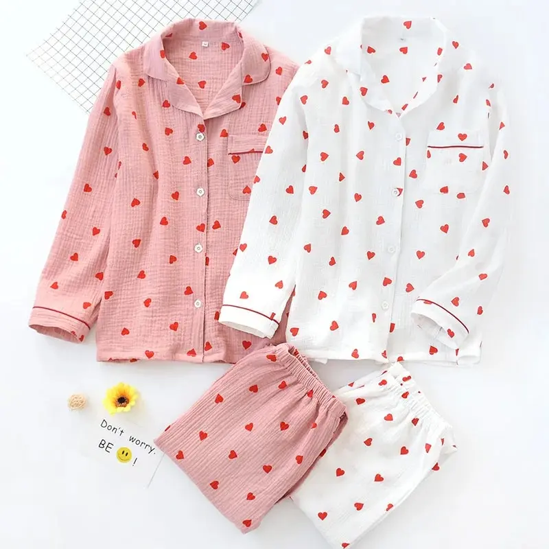 New Fashion 2pcs Heart Shaped Printed Turn Down Collar Long-Sleeve Trousers Ladies House Hold Wear Loose Pajamas Set