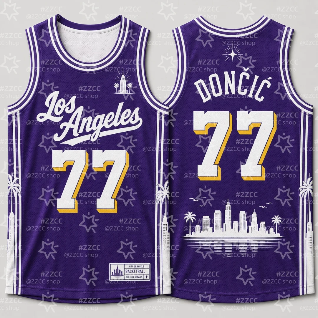 26-27 Doncic No.77 Basketball Jersey Los Angeles City Skyline Palm Tree Print Sports Vest Top Summer Men's Shirt Kid's Tee ﻿