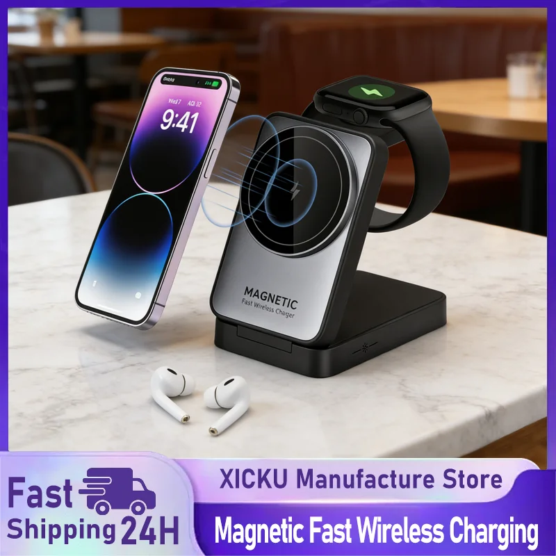 

Складная магнитная беспроводная зарядная станция 3-в-1 для Magsafe iPhone 16 15 14 13, Apple Watch 2-9, Airpods Pro, станция быстрой зарядки