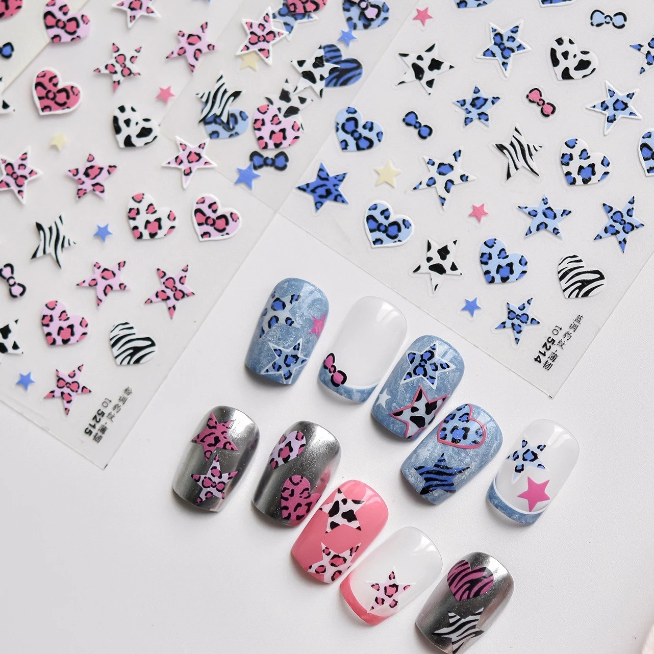 핑크 블루 황갈색 레오파드 프린트 보우 노트 스타 러브 하트 지브라 스트라이프 보우 타이 네일 아트 스티커 데코레이션 매니큐어 데칼