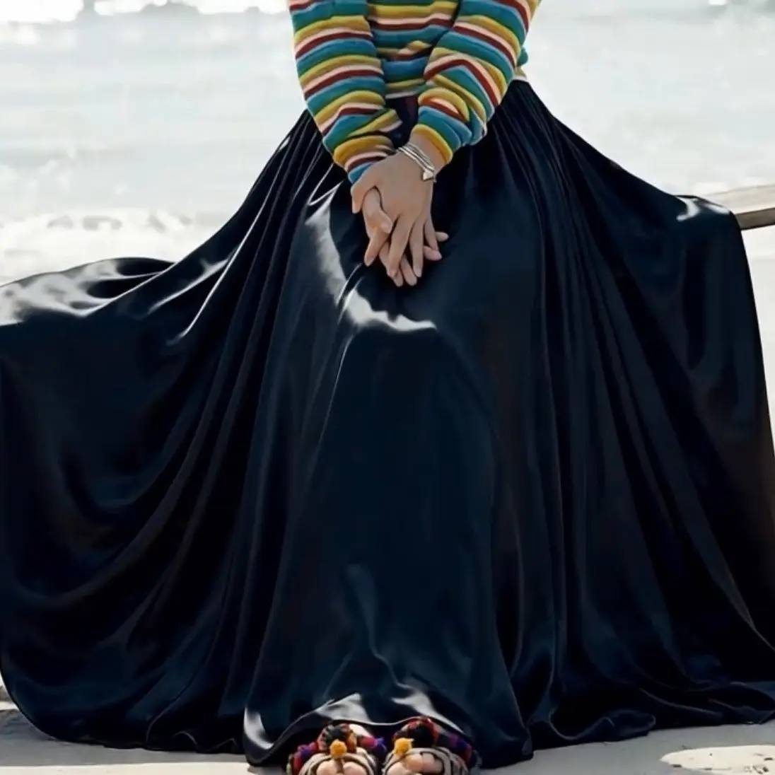 

Length1.2m Glossy Black Satin Silk Sexy Women High Waist Maxi Skirt Loose A Line Long Bottoms