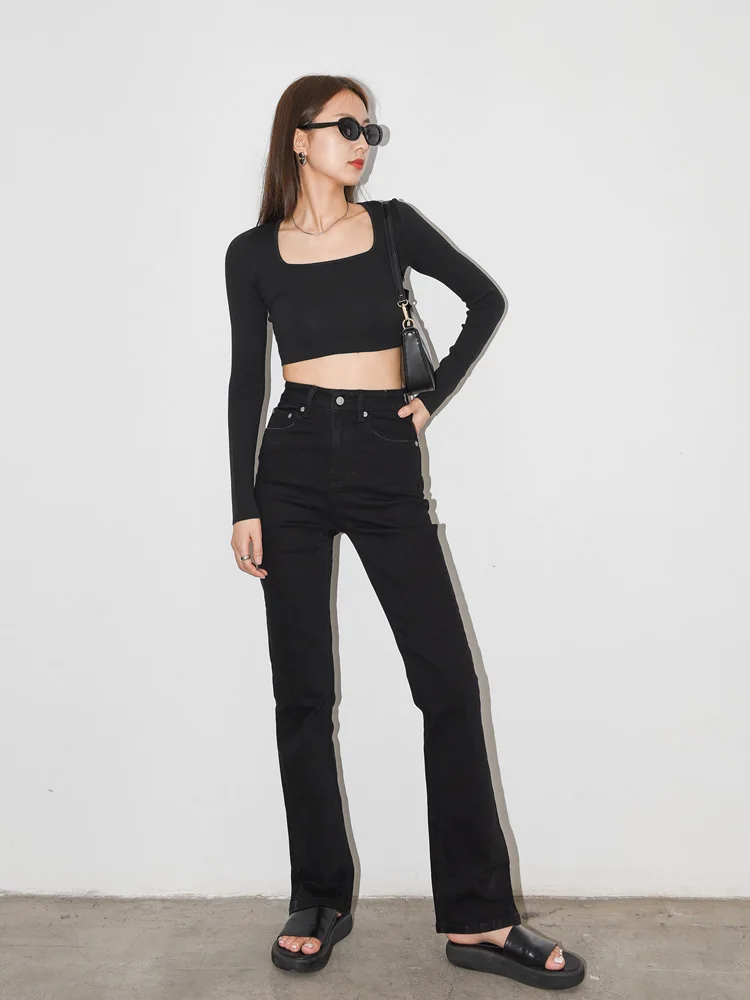 

ZUCCOS 944, американские джинсы с высокой талией, прямые расклешенные брюки, женские черные хлопковые эластичные джинсовые джинсы с защитой от сорняков