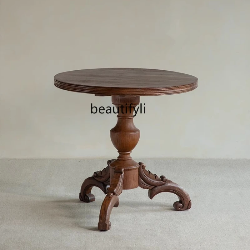 

Old teak round few\ medieval Nanyang retro French wabi-sabi wind all solid wood sofa side table balcony dining table