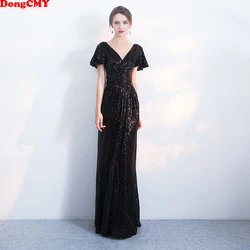 Dongcmy Long Formal Black Color Evening Dresses Short Sleeves Vestido Elegant Women Party Robe De Soiree Gown Customized