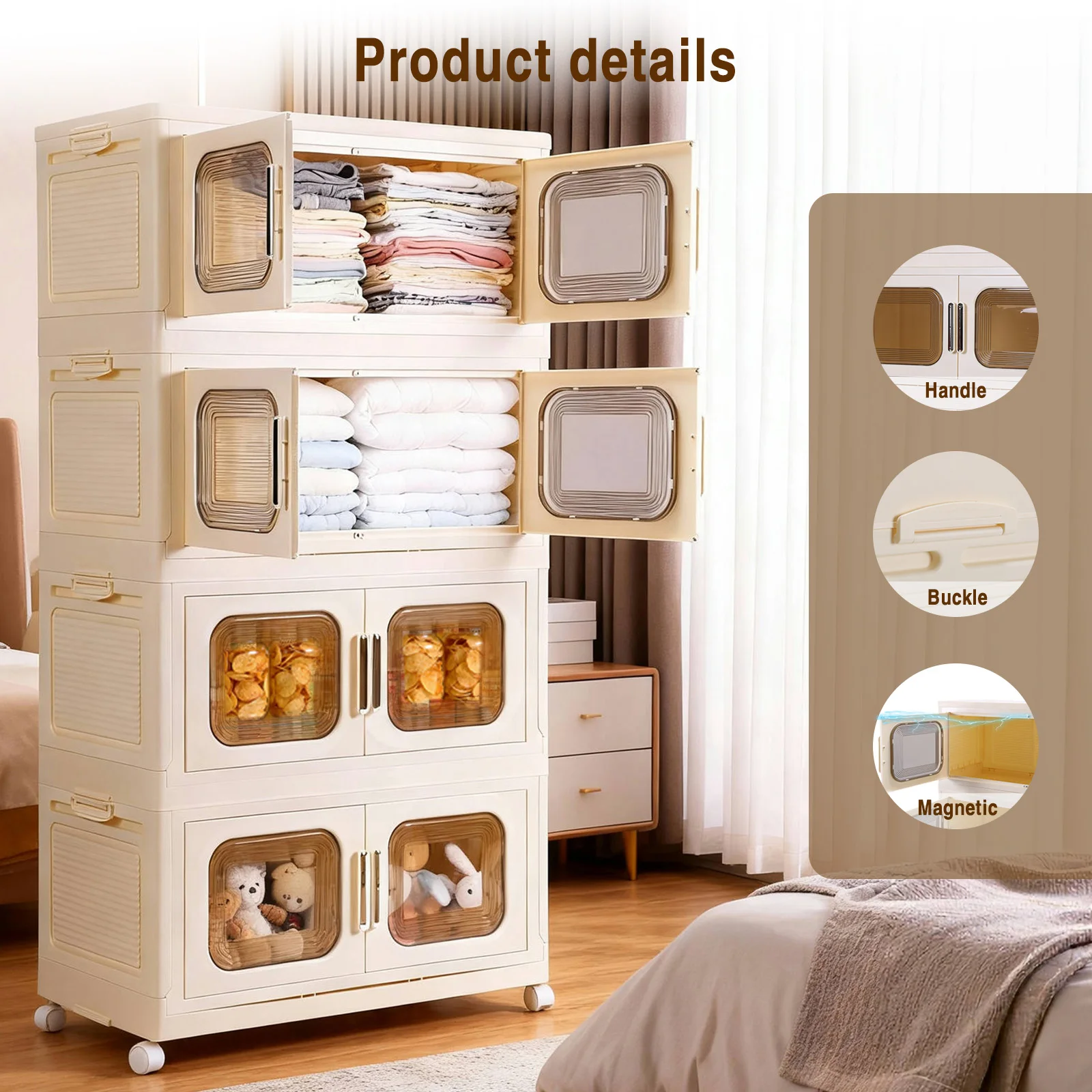 

4 Pack Foldable Storage Box with Wheels Stackable Storage Container Wardrobe Organizer and Pantry for Home and Office