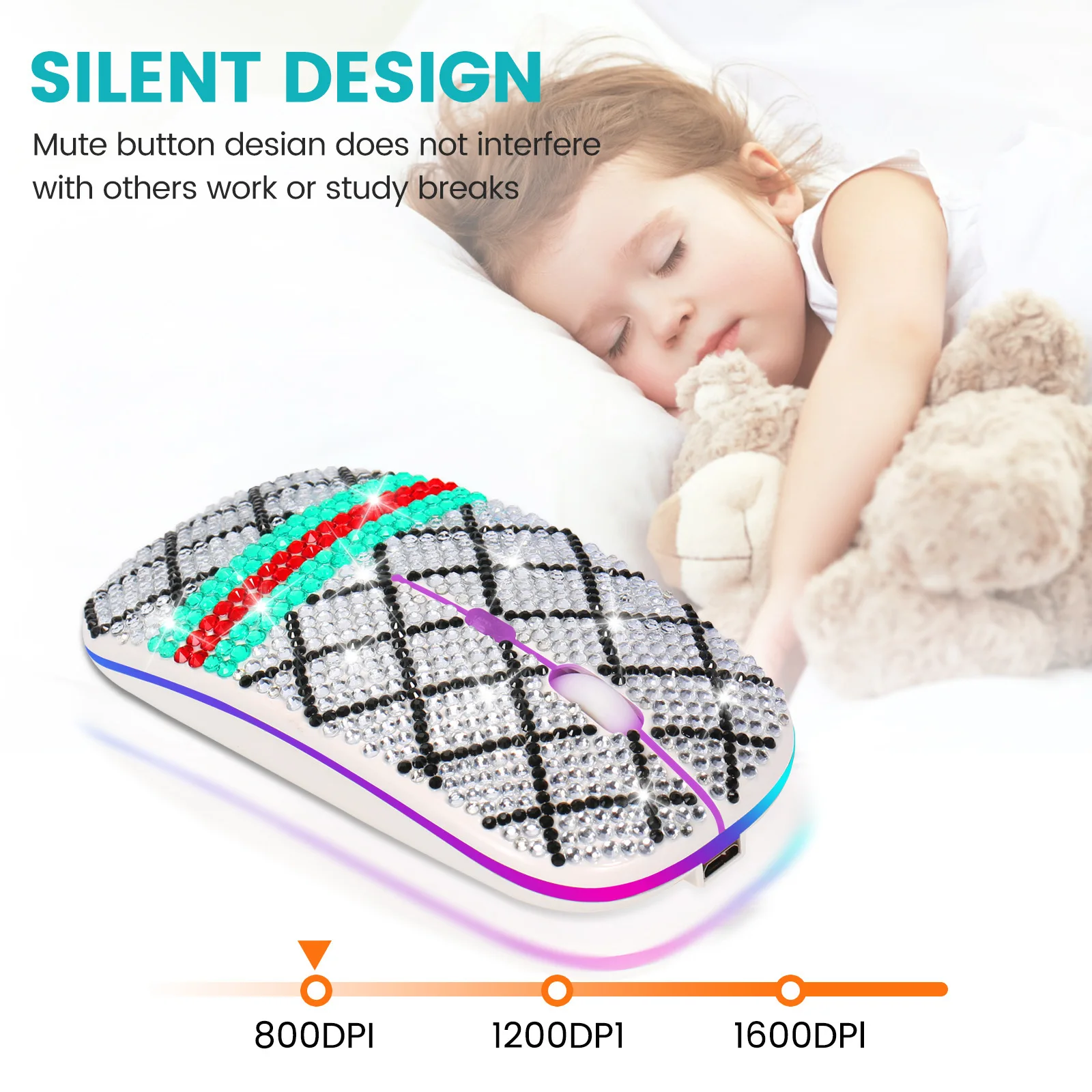 Venda quente silencioso mouse sem fio de modo duplo com luz respiratória de 7 cores, mouse transparente incrustado de diamante recarregável