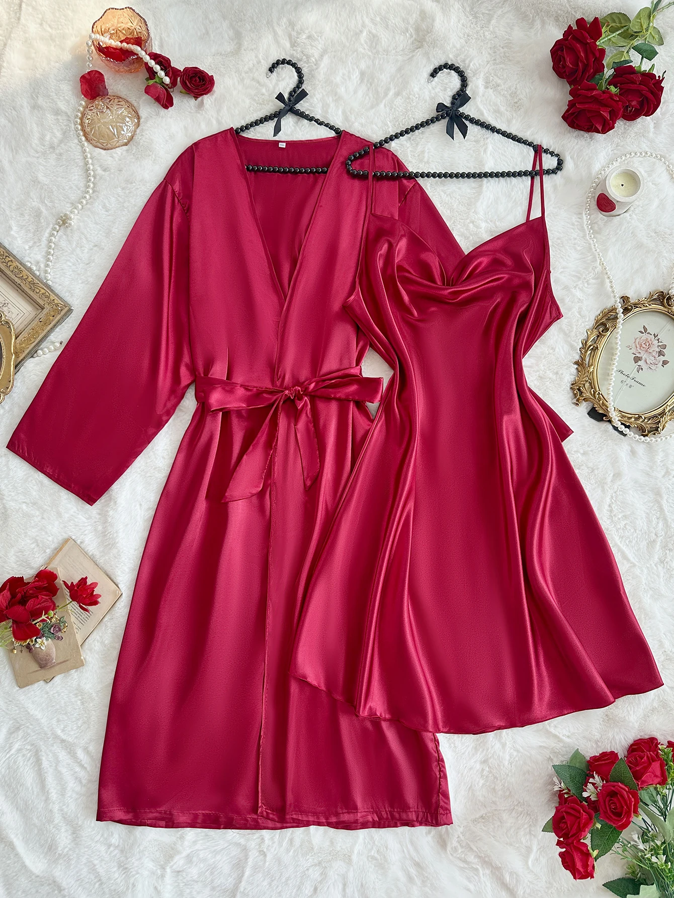 2 ชิ้นชุดขนาดบวกสีทึบแฟชั่นเซ็กซี่ Nightgown ชุดนอนสําหรับผู้หญิง