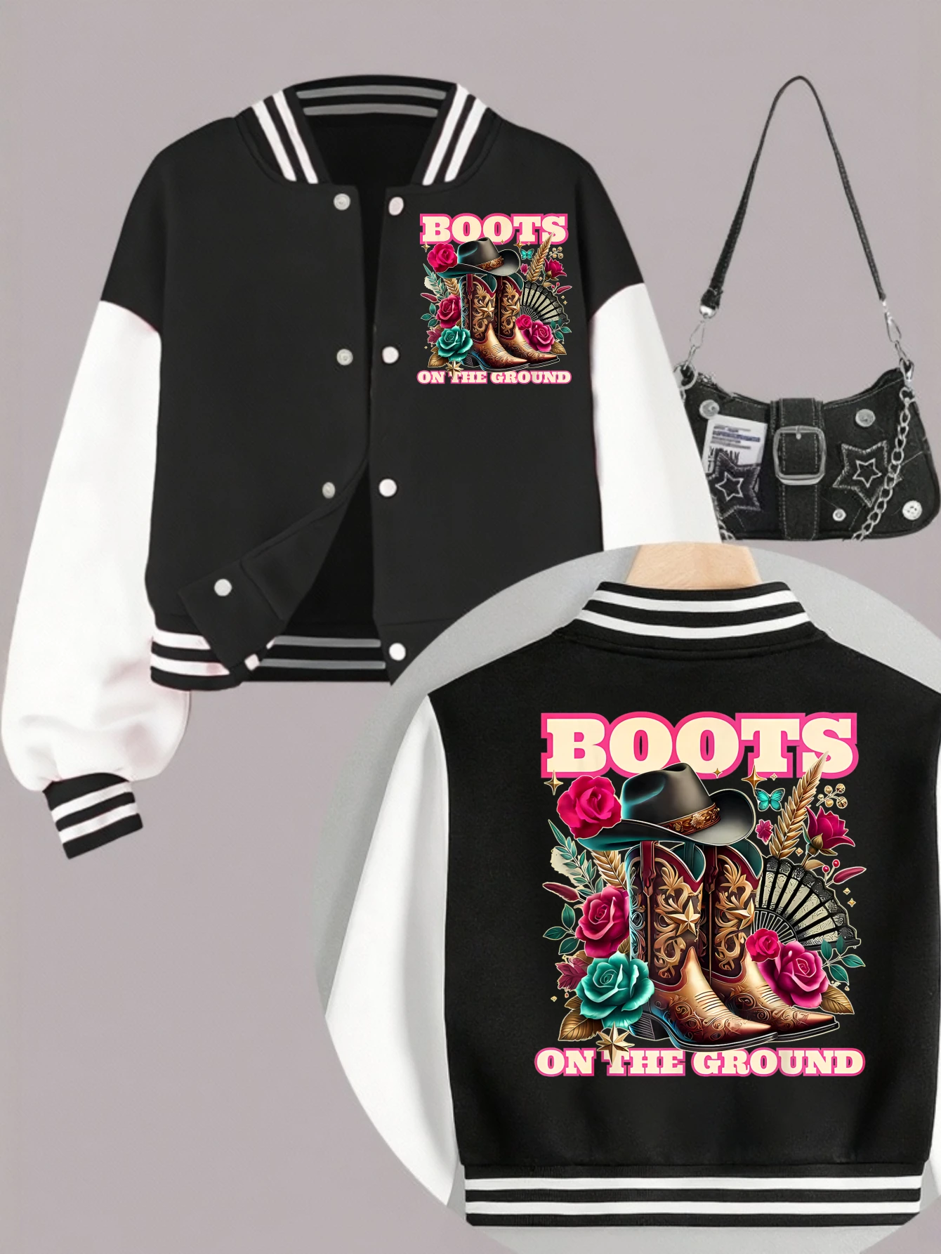 1PCS Autumn Winter Tween Girls Clothes  Boots On The Grounds Double Sided Print Short Cropped School Style Girl Baseball Jacket