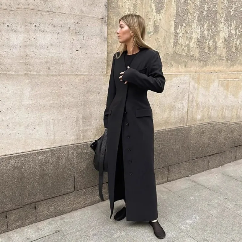 Women Tailored Coat Feminine Temperament High end Black Long Elegant V-neck Autumn Winter Waist Cinching Skinny Commute Overcoat