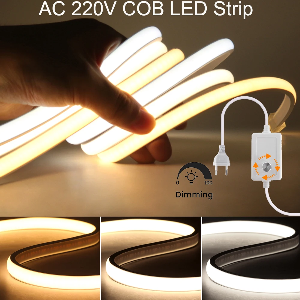 Dimmable COB LED Strip Light 220V 288LEDs/M Flexible COB Lights Waterproof LED Tape Ribbon EU Plug for Bedroom Bedroom Decor