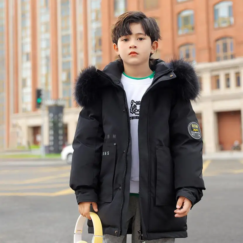 Winter New Duck Down Thermal Coat Boys Royal Blue Fashion Clothes Middle Children Hooded Down Jacket Natural Fur Collar A1965