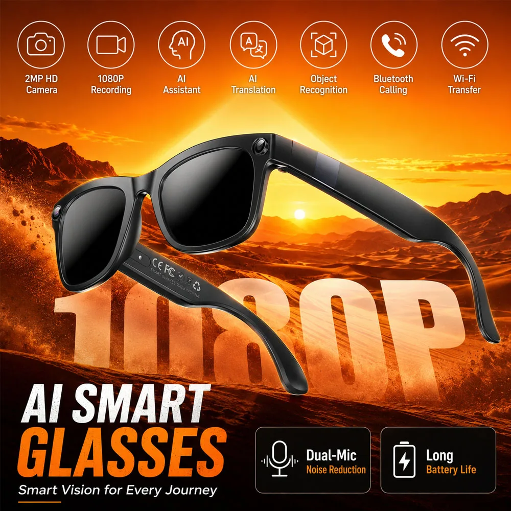 1080P HD Video EIS Anti-shake Smart Glasses Long-term Stable Recording 2MP HD Camera AI Q&A Bluetooth Call Smart Glasses 2026