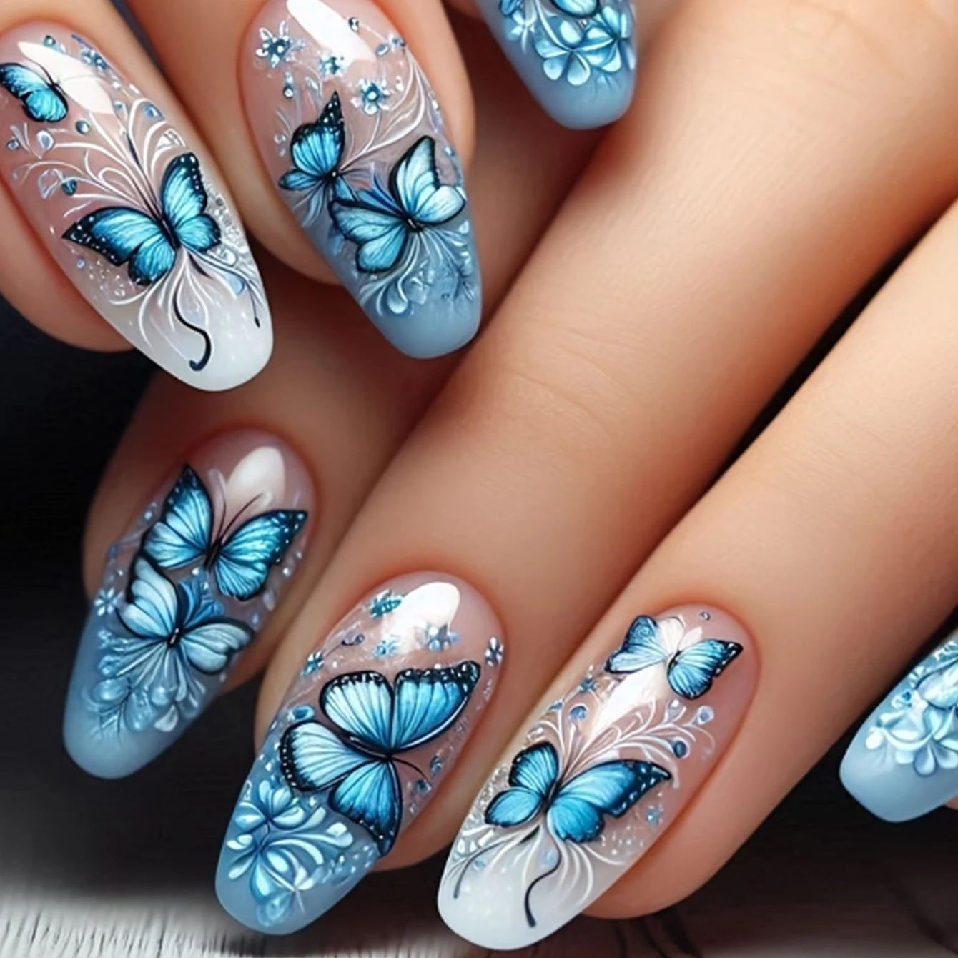 24PCS blue ballet-shaped fake nails, blue butterfly pattern, blue flower pattern decoration, delicate and elegant, suitable for