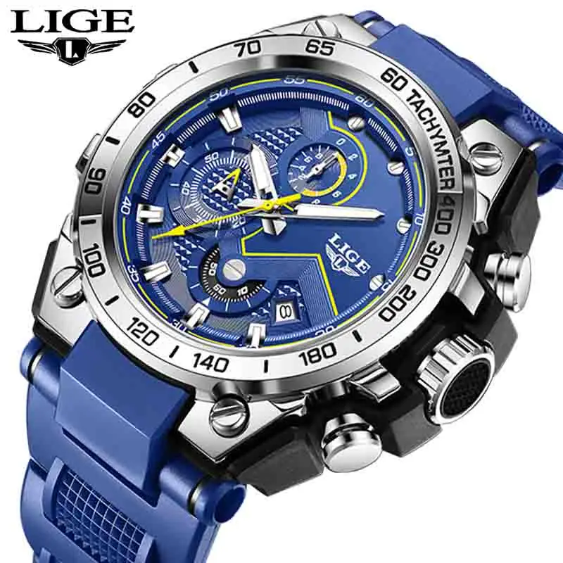 LIGE quartz Men's watches waterproof calendar Fashion clock luminous silicone tape sports watches for men relogios masculino+BOX