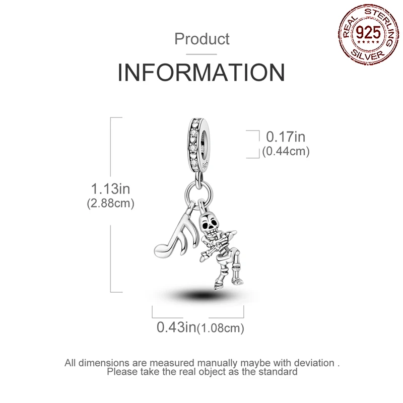 قلادة هيكل عظمي للرقص من الفضة الإسترليني للرجال والنساء ، سحر الأساور ، النوتة الموسيقية ، يناسب الباندورا الأصلية ، ديي ، هدية المجوهرات