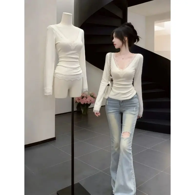 Pure Desire Lace Long Sleeve V-Neck T-Shirt Women's Slim Fit Waist Cinching Spring Autumn New Style Spicy Girl Base Shirt