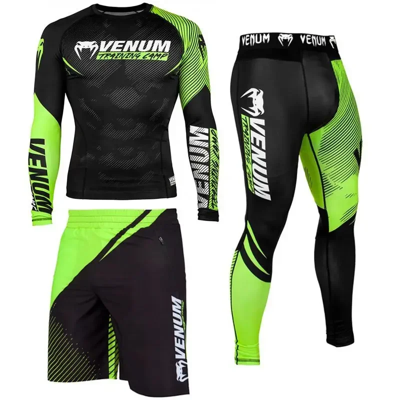 Venom Mens Long Sleeve Compression Shirt 3 Piece Set Boxing Sanda MMA Gym Quick Dry Running Training Shorts