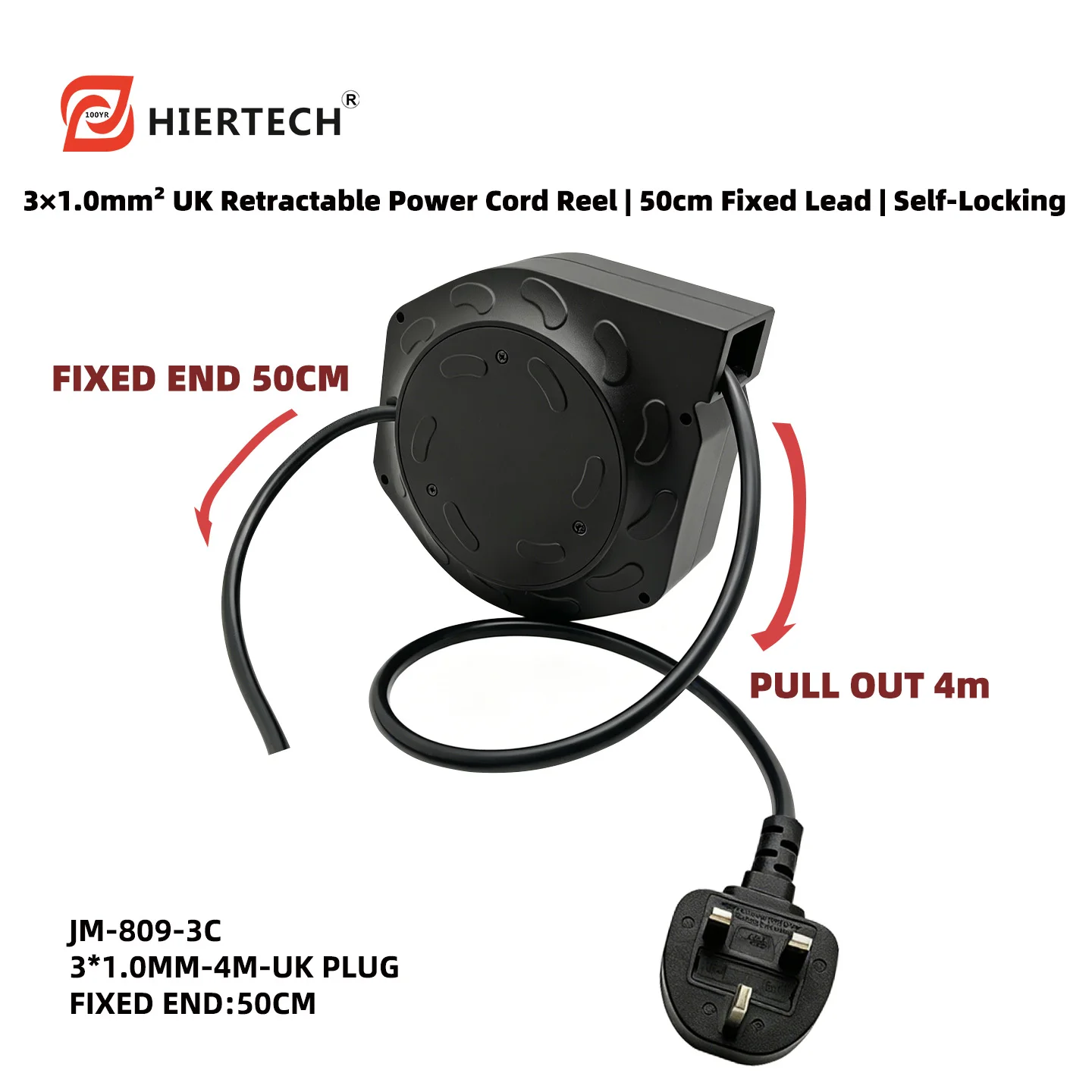Black 3-core 4-meter British standard power cord, automatic winding reel with fixed end 50cm, stretching life of 30000 times