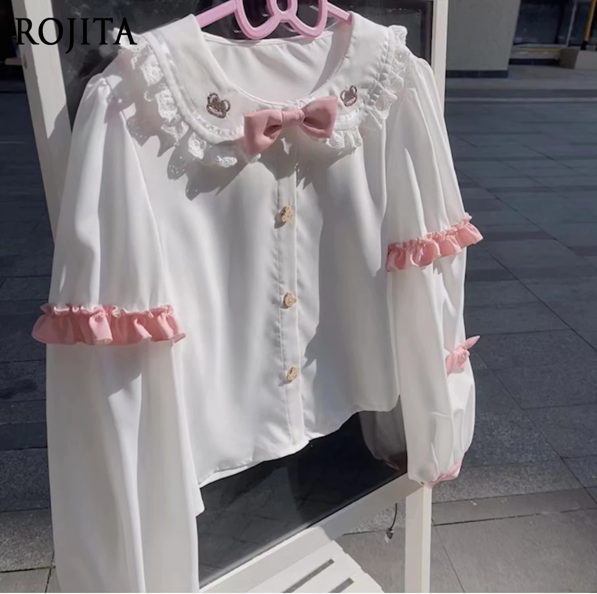Cartoon Bear Embroidered Long Sleeve White Shirt Women Sweet Doll Collar Lolita Shirt Bear Ears Single Breasted Shirt Tops