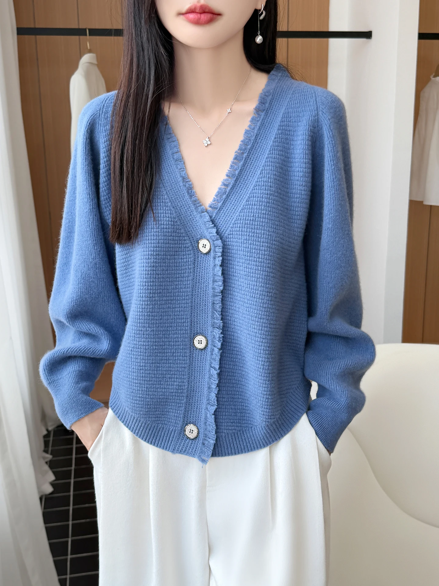 V‑Neck Fringe Trim Cardigan Cashmere Knitwear Female 100% Merino Wool Autumn Winter Sweater Button‑Up Lantern Warm Clothing Tops