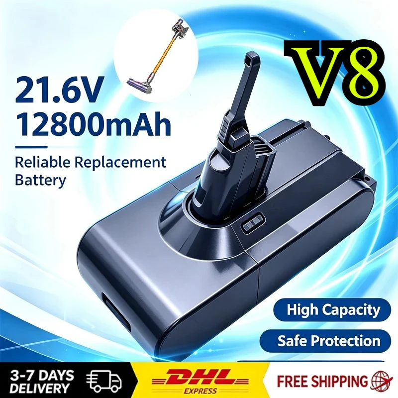 12800mAh 21,6V Ersatzakku für Dyson V8 kabellosen Staubsauger, Hochdichte Li-Ionen-Akkuzellen, mehrschichtiger Sicherheitsschutz, stabile Spannung, lange Laufzeit, einfache Installation, passend für