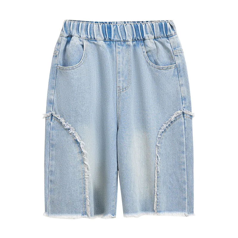 Summer Teenagers Girls Blue Shorts Kids Thin Clothes Loose Denim Quarter Pants Korean Children Casual Short Jeans 4 6 8 10 12 14