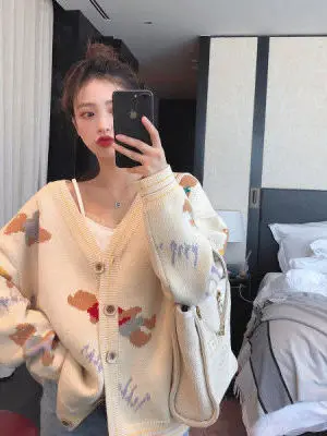 

Korean Sle Spring Autumn New Soft Cozy Women's Knitted Open Cardigan Thin Cartoon Print Small Size Sweater Jaet
