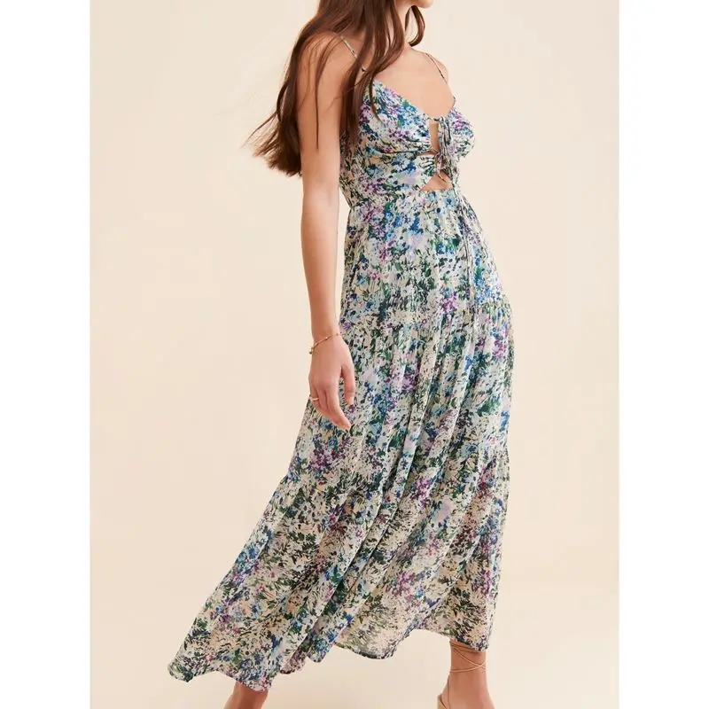 Combhasaki Donna Estate Lace-up Halter Neck Ritaglio Busto Smocked Backless Ruffle Flowy Swing A-line Cami Slip Abito lungo floreale