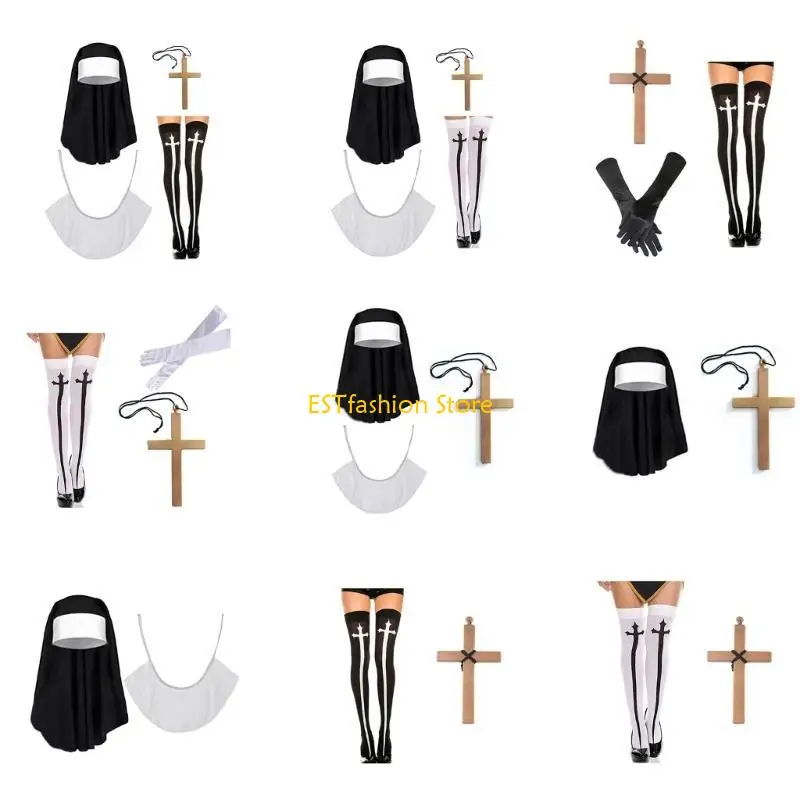 Y5GC 2/3 / 4pcs Halloween Nun Costume Accessoires Set Nun Chat Collier Pendant