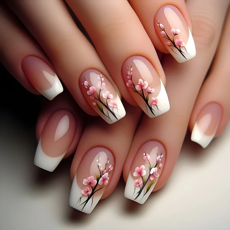

[24 Short Coffin Nails] Set of 24 Short Coffin-Shaped Press-On Nails Featuring a Classic Pink And White, Adorned with a Plum Blo