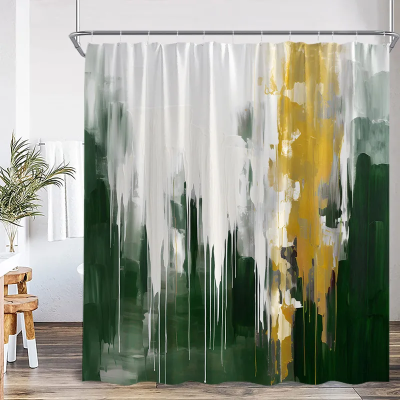 Abstract Art Shower Curtains Green White Yellow Creative Watercolour Pattern Modern Polyester Fabric Home Bathroom Curtain Decor