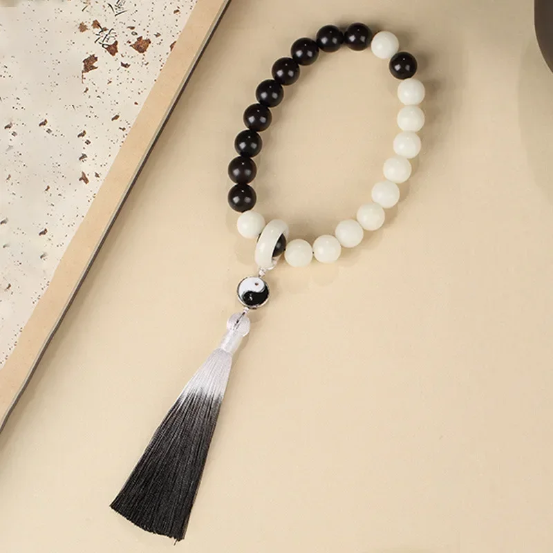 Bodhi Roots Holding Bracelets Black White Mixed Color Tassels Cultural and Buddhist Beads Ethnic and Trendy Su Ornaments