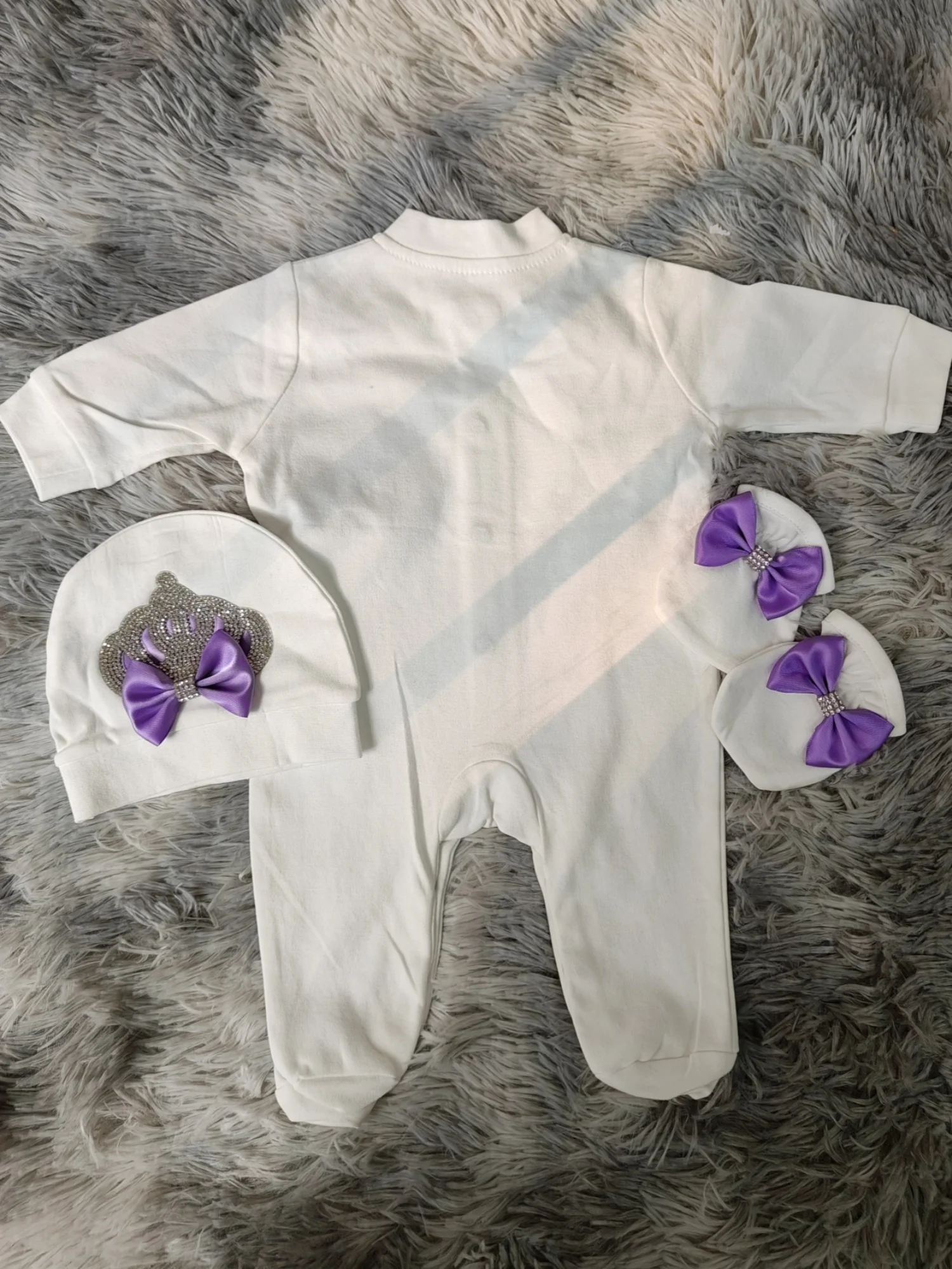 Luxury Princess Baby Girl Romper 0-9 Months 3Pcs Pure White Royal Purple Satin Bow Rhinestone Crown Lace Boutique Baptism Gift