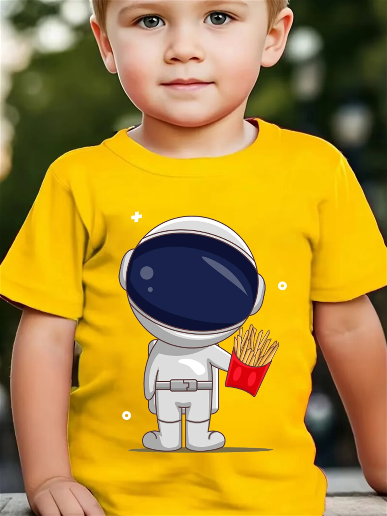 Cartoon Astronaut French Fries Space Star Print Family Matching Cotton Tees Short Sleeve Tops For Mom Dad Boys Girls Daily Wear